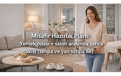 Misafir Hazırlık Planı: Yemek odası + salon arasında servis akışı (sehpa ve yan sehpa ile)